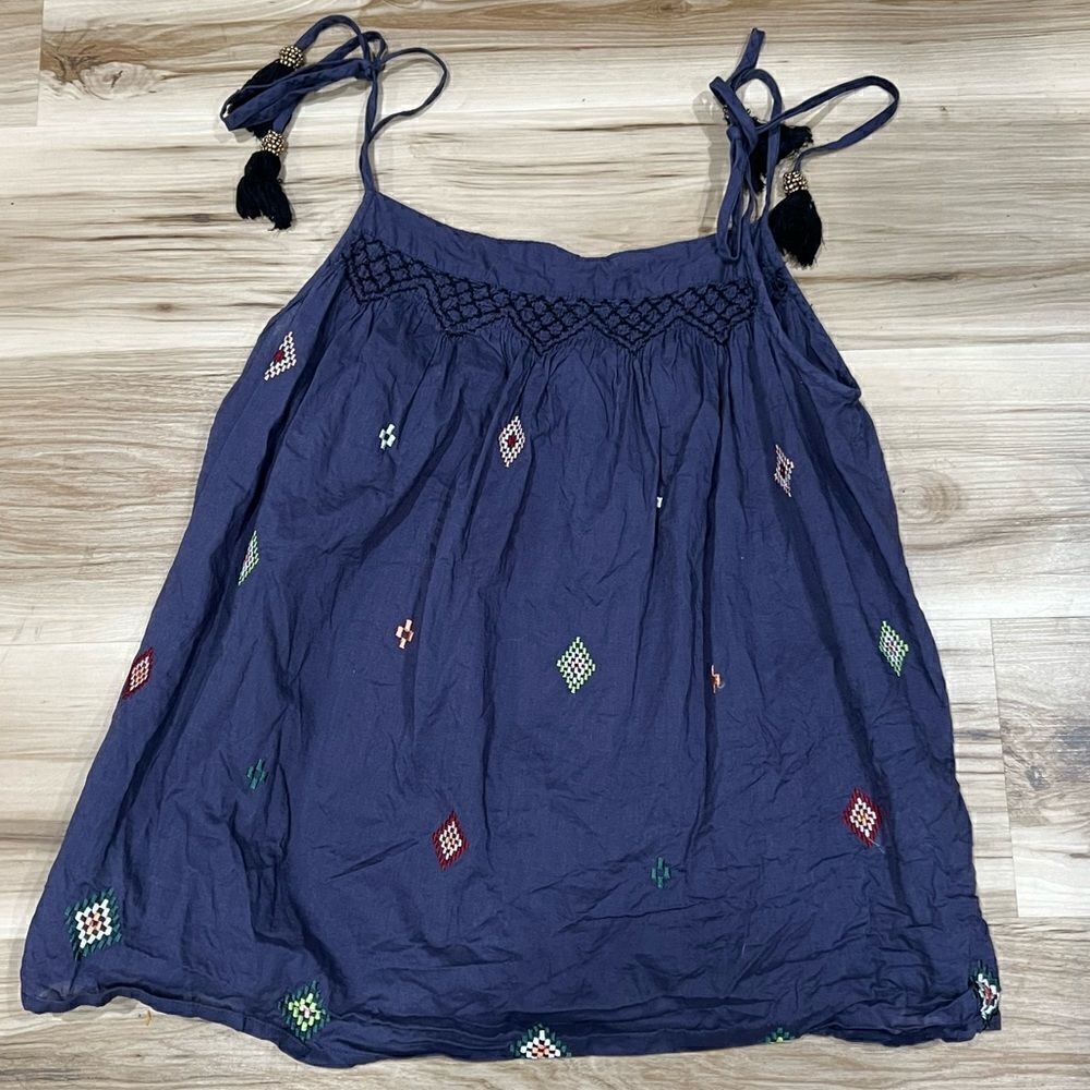 Topshop Lightweight Blue Embroidered Tassel Tank Top Women’s 10